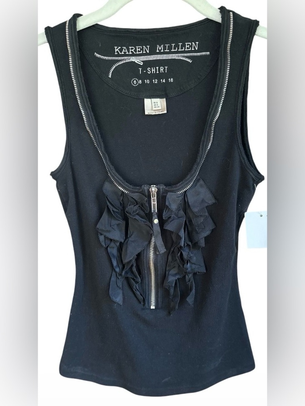 Karen Millen Black Cotton Sleeveless & Silk Zip Ruffle Tank SZ 2US / 6UK